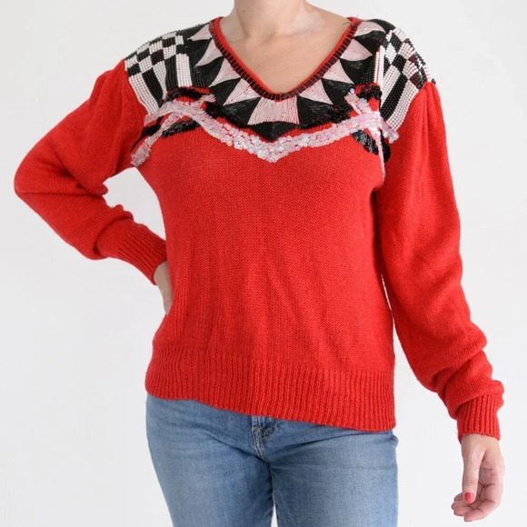Vintage L.L. European Red with Black & White Beaded V-neck Knit Sweater Size 38 - Picture 1 of 12